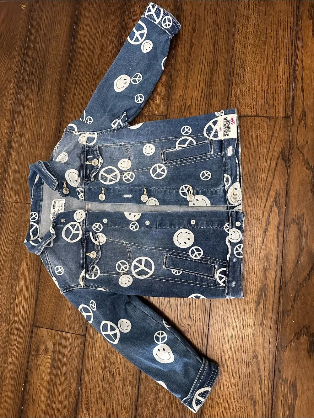 Justice Blue Denim Stranger Things Jacket with White Peace Signs & Smiley Print